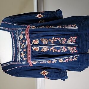 Sunsdance 100% Cotton Pink Floral Embroidered Feminine Blue Women's Top SZ L